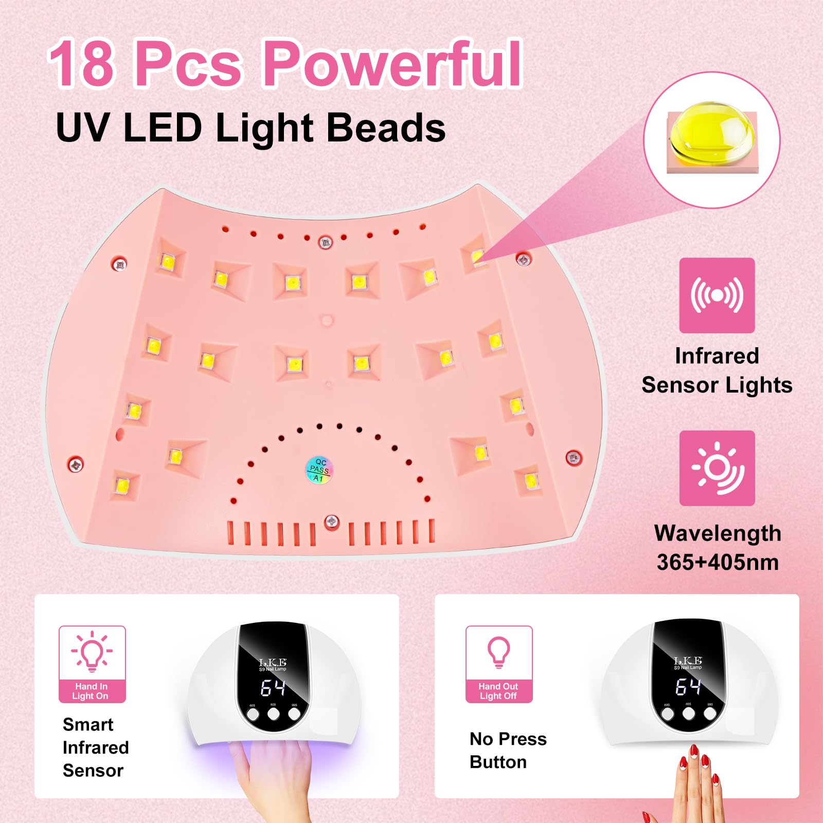 LKE hand inside lamp showing size and comfortable fit for full manicure