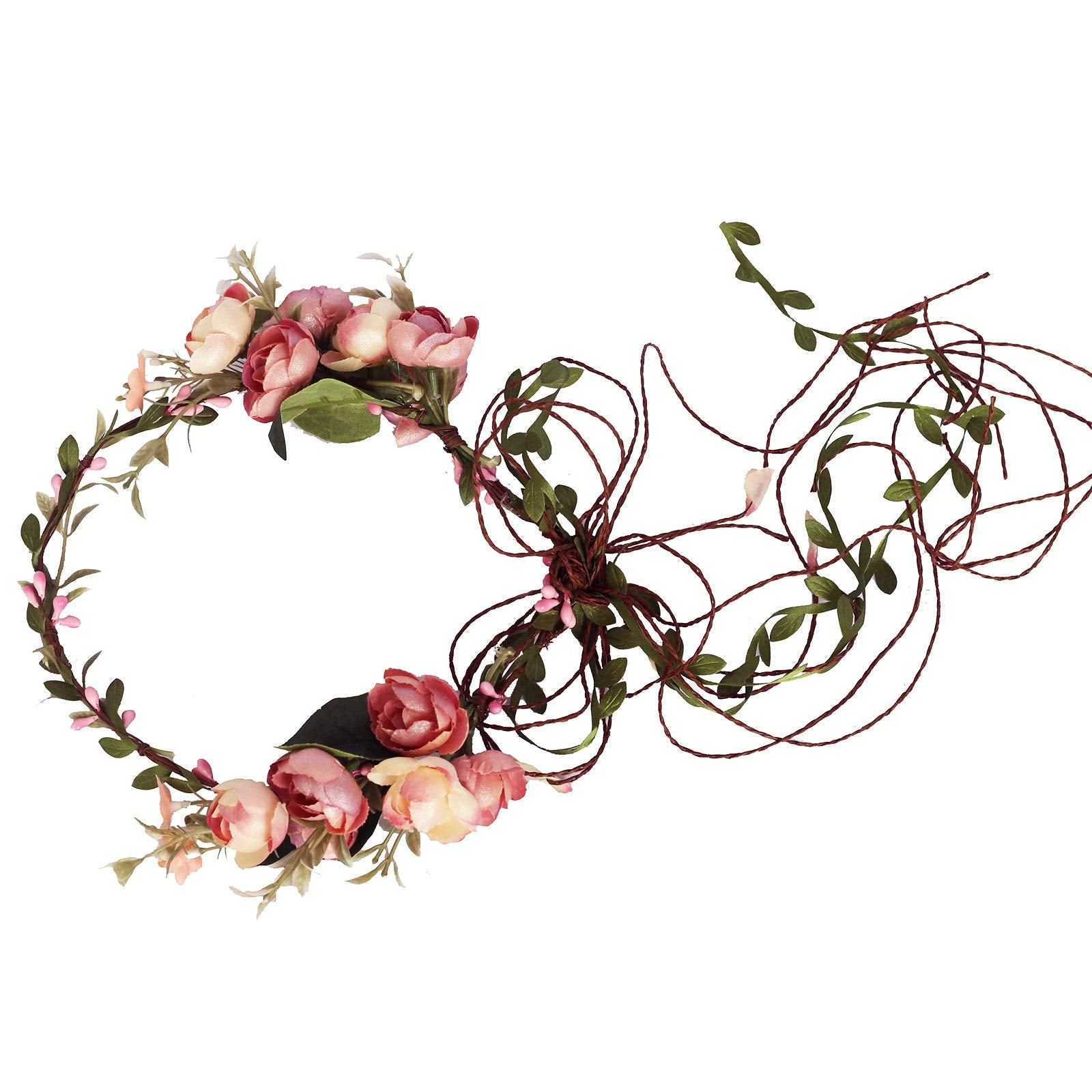 LLinfflr front view pink flower crown showing soft petals and boho style benefit of romantic look