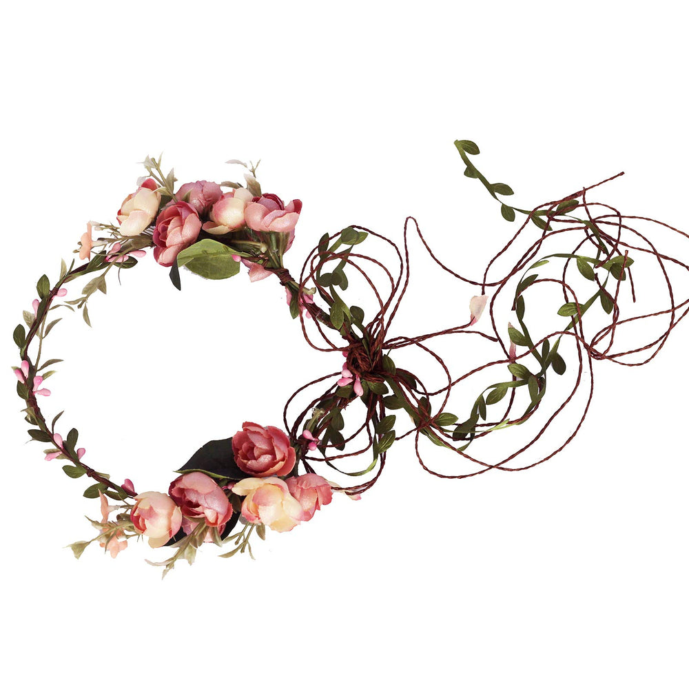 LLinfflr front view pink flower crown showing soft petals and boho style benefit of romantic look