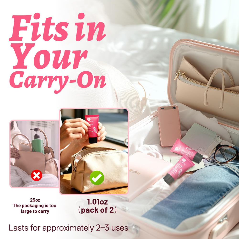 L LUSETA bottles held in hand to show compact TSA-compliant size