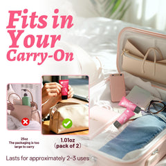 L LUSETA bottles held in hand to show compact TSA-compliant size