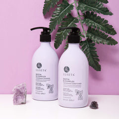 L LUSETA close-up label with biotin, caffeine and argan oil highlighted