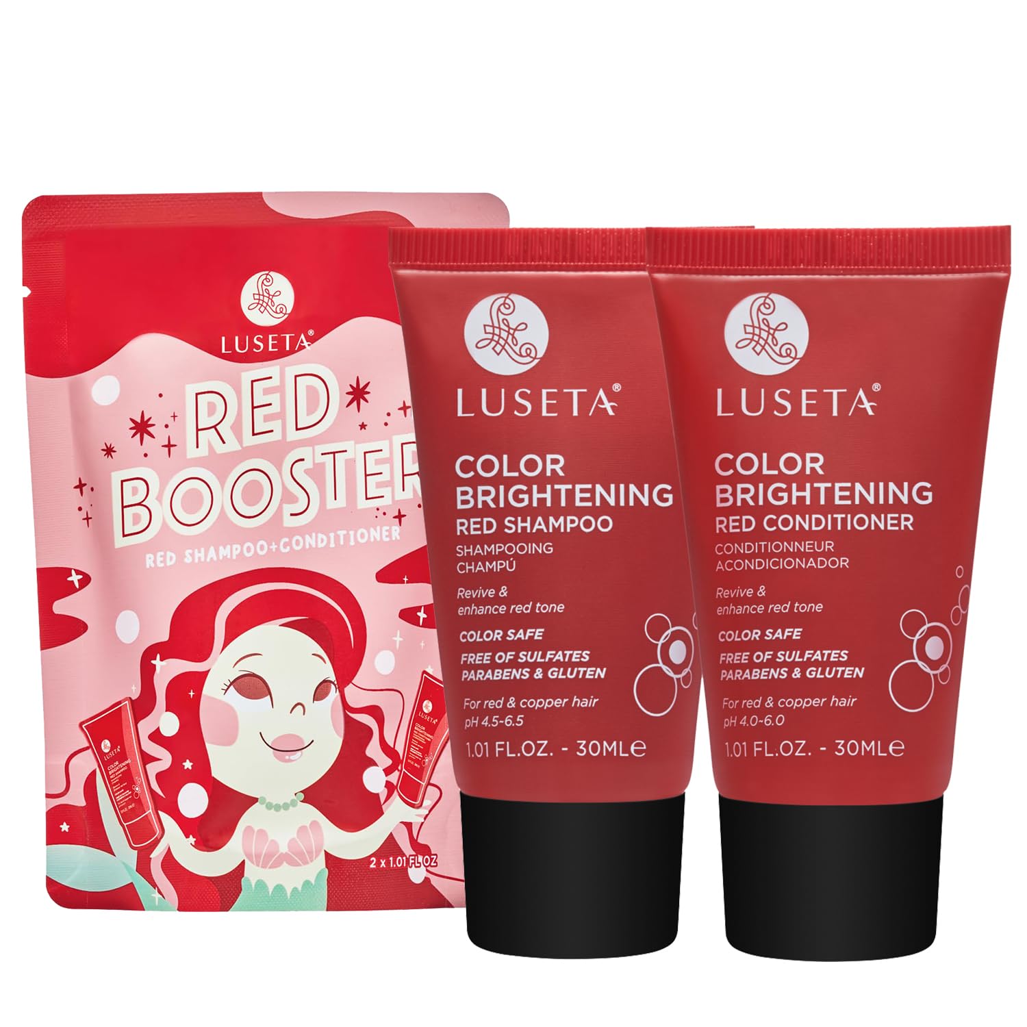 L LUSETA front packaging showing red shampoo and conditioner vivid color boost