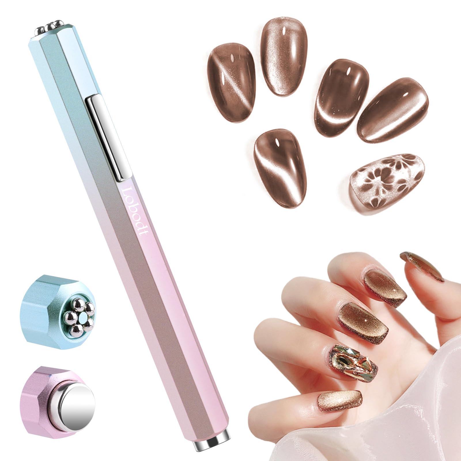 Lobodt front view of the cat eye magnet showing ergonomic grip and gradient pink finish, precision control