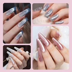 Lobodt studio lifestyle shot with tools and finished cat-eye nails showcasing salon-quality outcomes