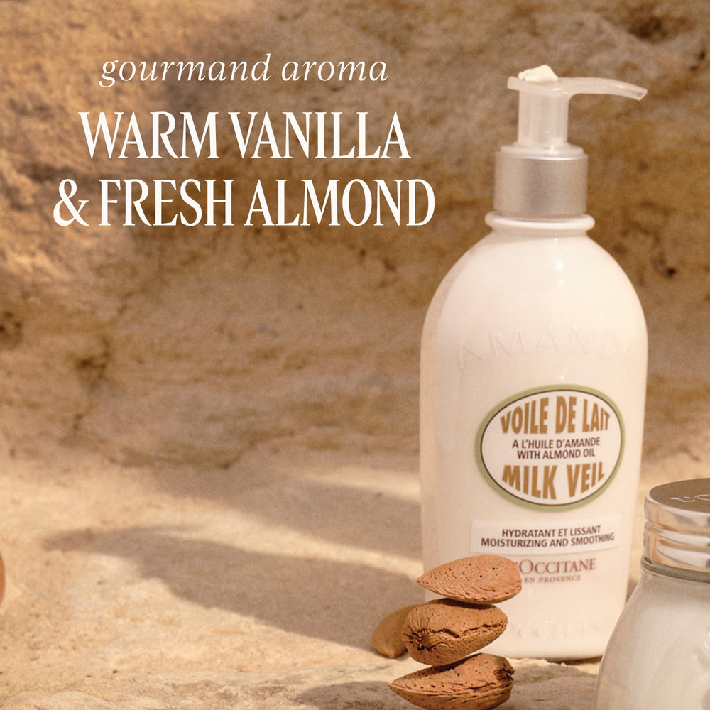 L'OCCITANE almond milk veil creamy texture swirl demonstrating lightweight spreadability
