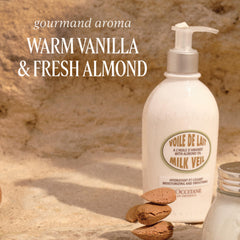 L'OCCITANE almond milk veil creamy texture swirl demonstrating lightweight spreadability