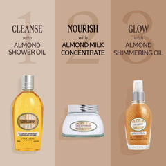 Applying L'OCCITANE almond shimmering oil to forearm for soft sheen and hydrated look