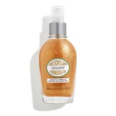 L'OCCITANE bottle front view showing elegant almond oil packaging and instant glow result