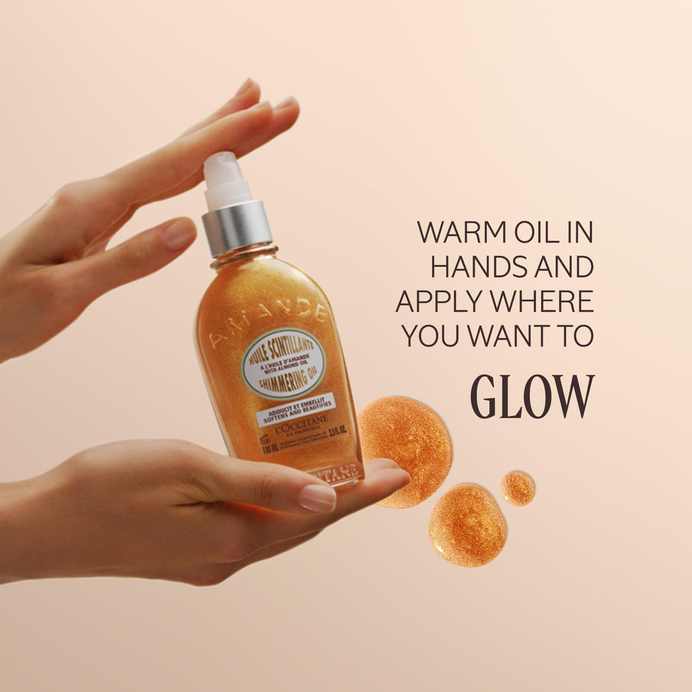 Close-up texture of L'OCCITANE almond shimmering oil showing fine luminous particles and smooth finish