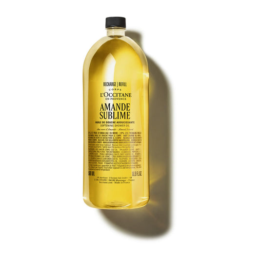 L'OCCITANE Almond shower oil refill front bottle shows eco-friendly design and indulgent scent