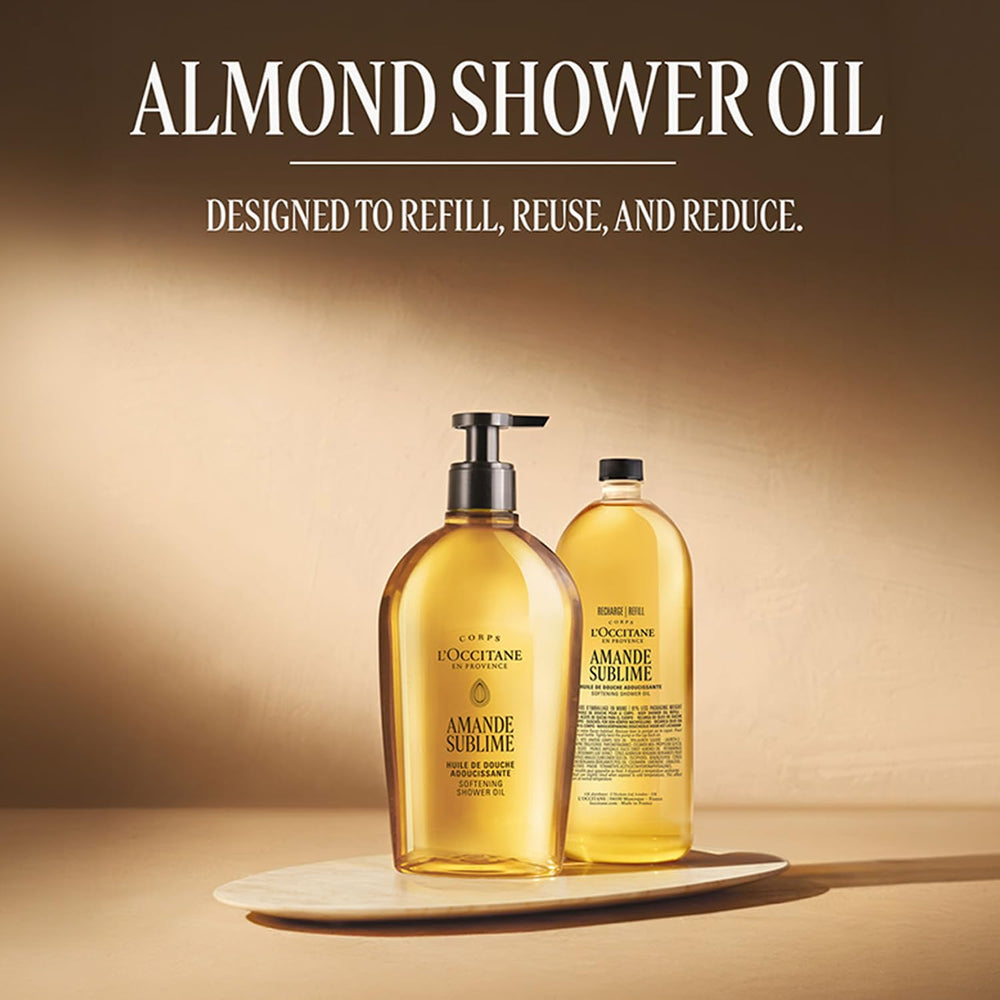 L'OCCITANE refill being poured into Almond Shower Oil container for easy reuse and waste reduction