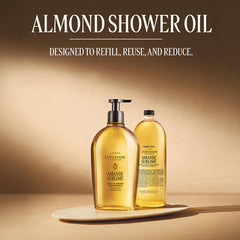 L'OCCITANE refill being poured into Almond Shower Oil container for easy reuse and waste reduction