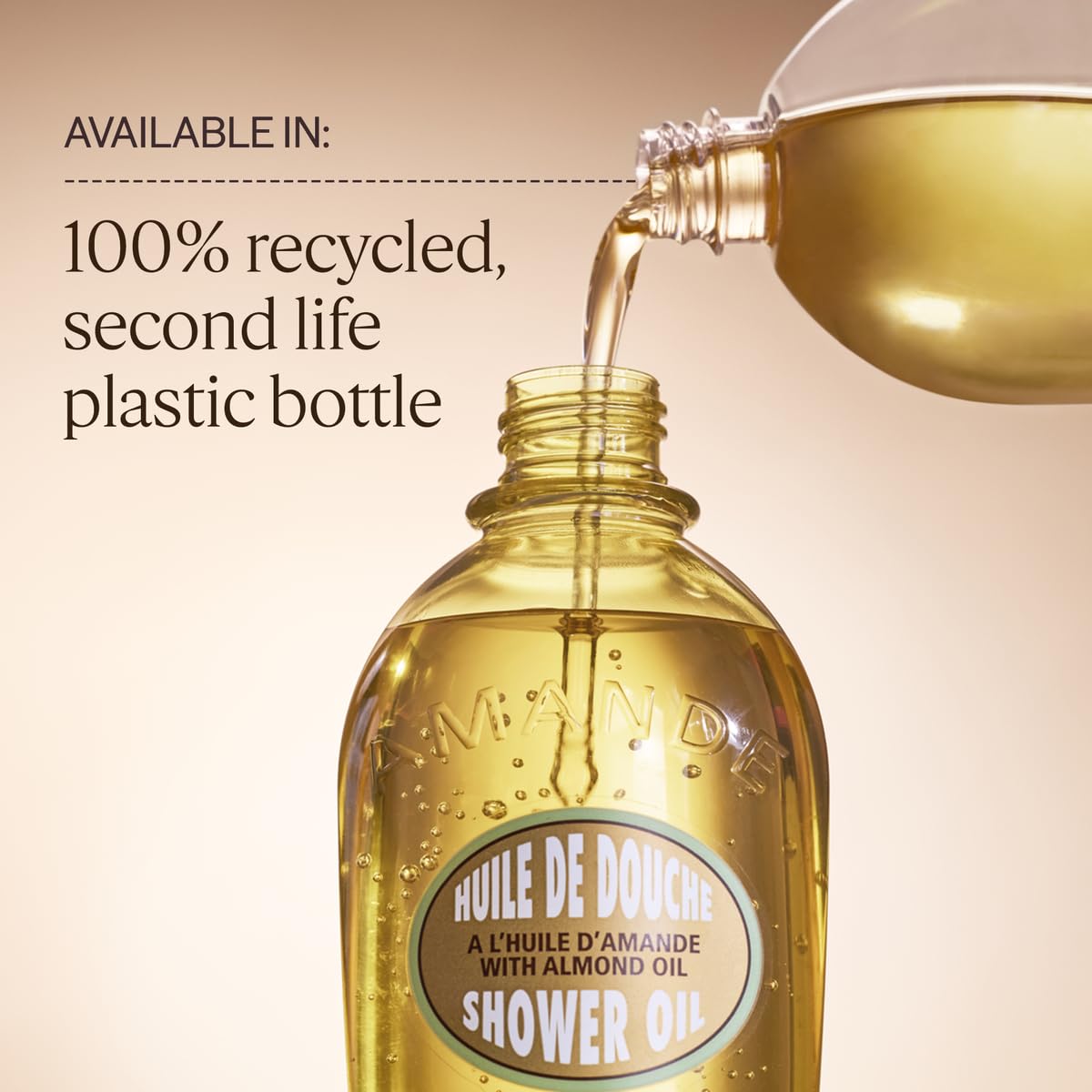 L'OCCITANE bottle with almonds still life showing natural almond oil benefit