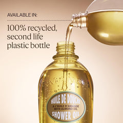 L'OCCITANE bottle with almonds still life showing natural almond oil benefit