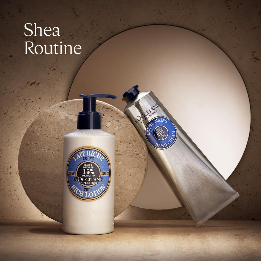 L'Occitane bottle beside calendula and shea butter highlighting soothing natural ingredients