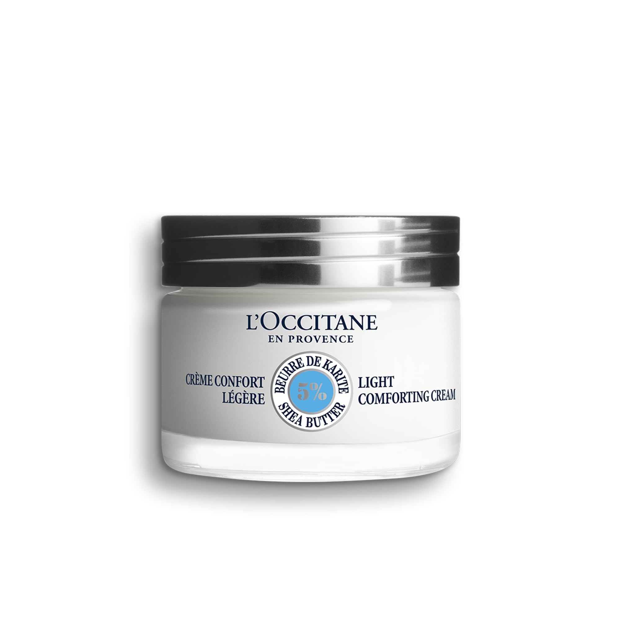 L'OCCITANE front jar view shows elegant packaging and quick-absorbing benefit