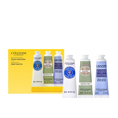 L'Occitane front view of the three hand cream tubes showing gift-ready packaging and variety