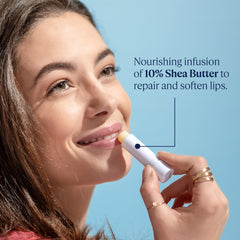 L'OCCITANE balm applied to lips demonstrating immediate softening effect
