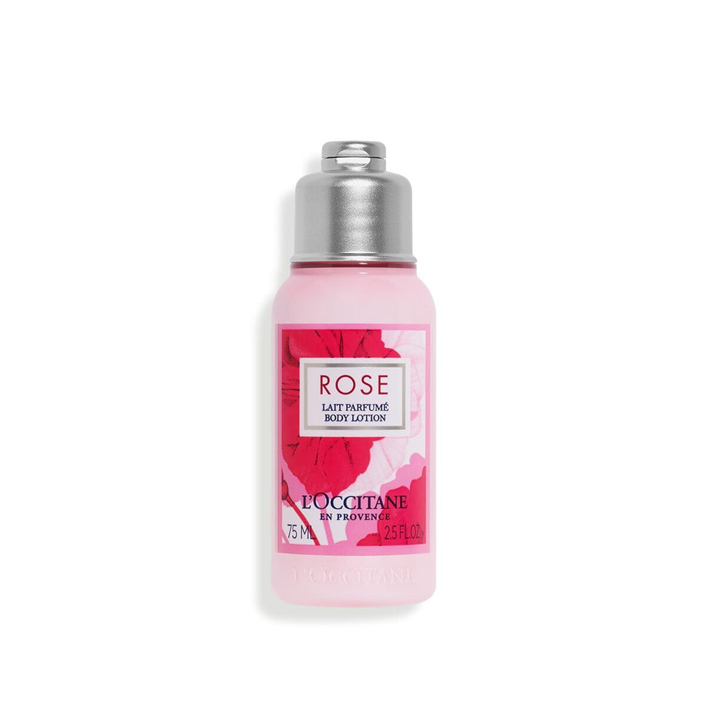 L'OCCITANE rose body lotion front view showing silky texture and soft-hydrating effect