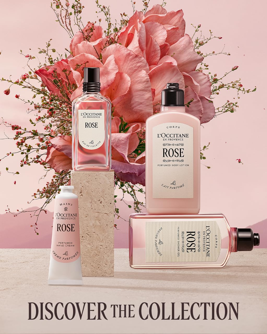 L'Occitane on a vanity with rose petals conveying luxurious fragrance and everyday elegance