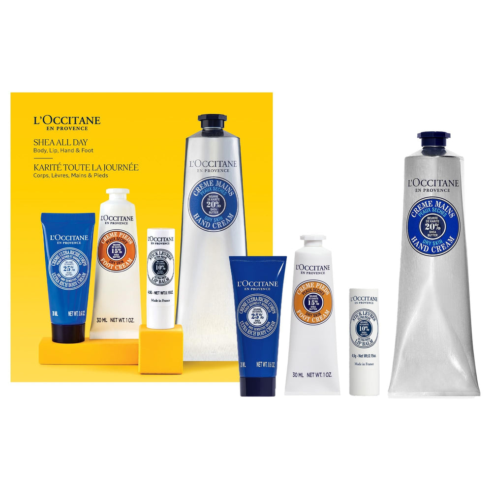 L'OCCITANE shea gift set front packaging showing complete collection and premium presentation