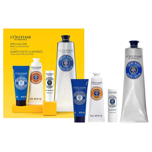 L'OCCITANE shea gift set front packaging showing complete collection and premium presentation