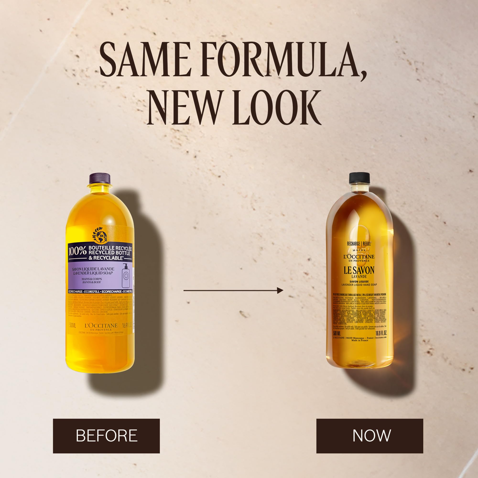 L'OCCITANE refill packaging displayed to emphasize reduced-plastic benefit