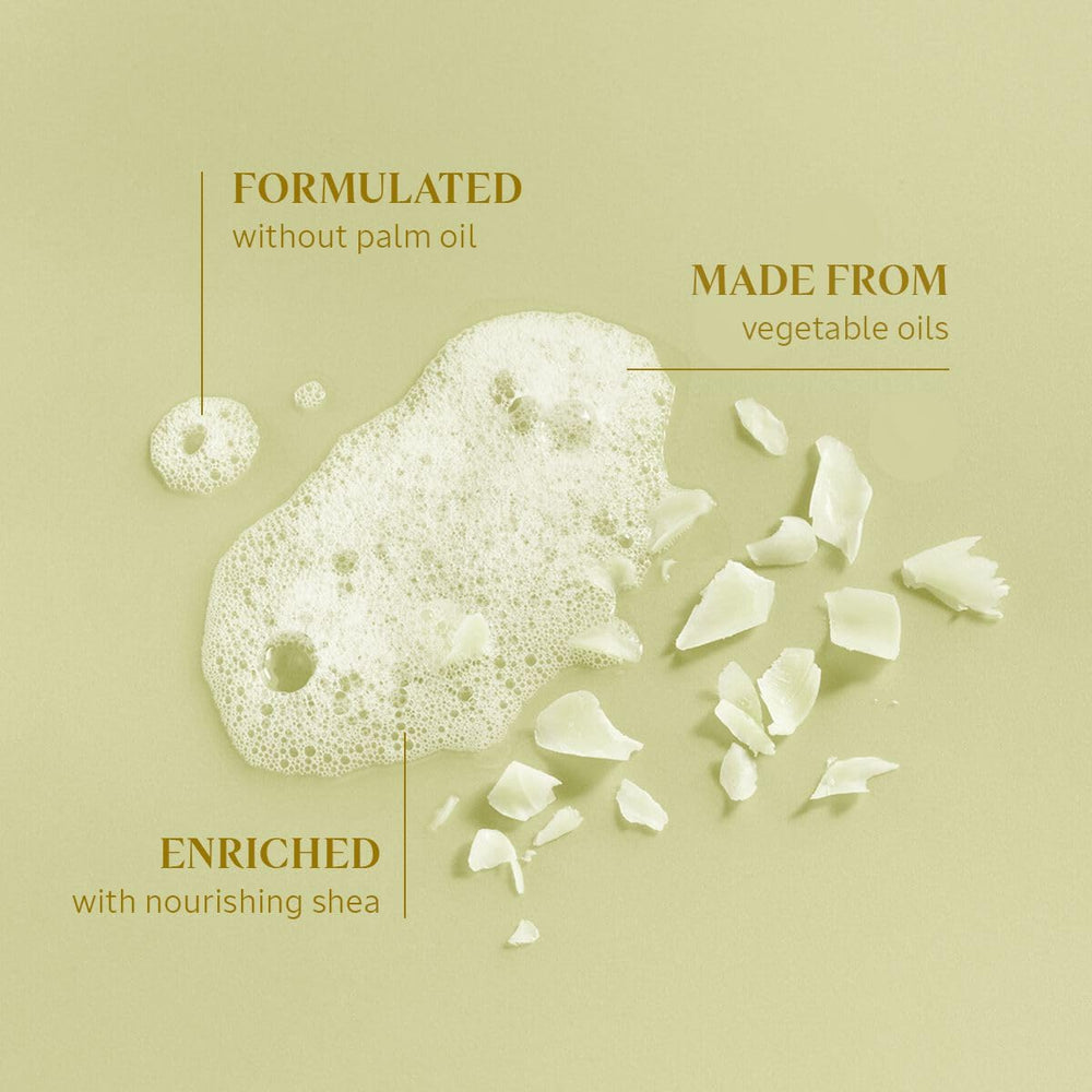 L'Occitane Shea Verbena soap producing foam in hand for easy rinsing and hydration