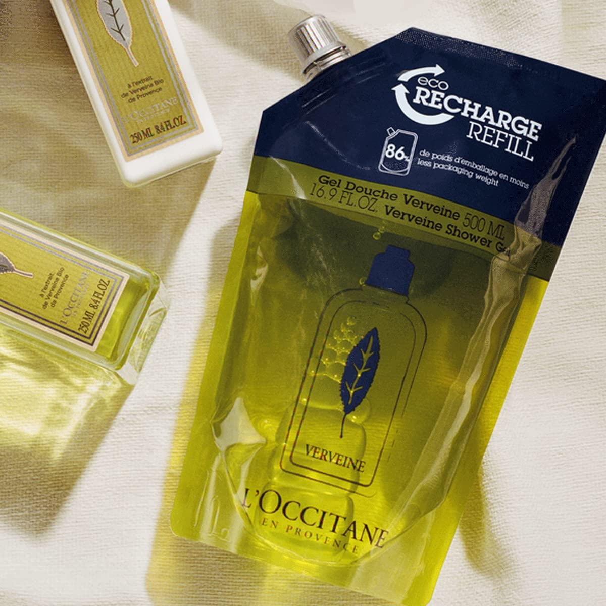 Close-up of gel texture from L'Occitane verbena refill, smooth pourable consistency