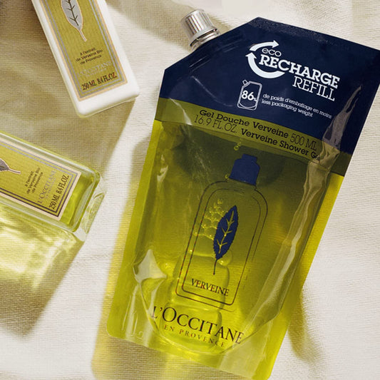 Close-up of gel texture from L'Occitane verbena refill, smooth pourable consistency