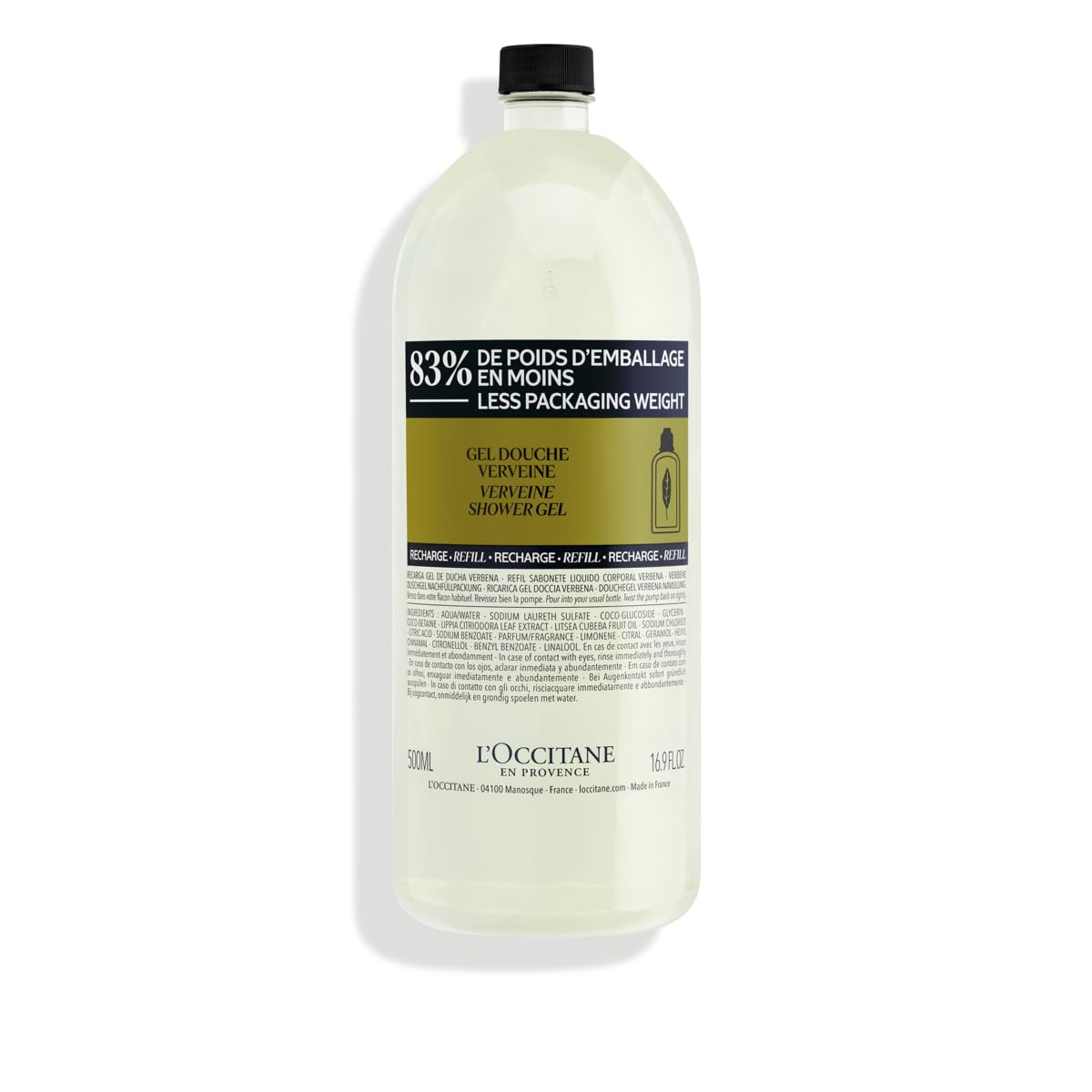 L'Occitane refill pouch front view showing label and size, convenient eco option