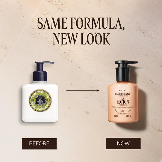 L'OCCITANE pump and label detail emphasizing easy dispensing and ingredient callouts