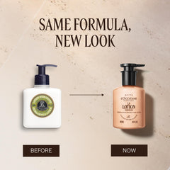 L'OCCITANE pump and label detail emphasizing easy dispensing and ingredient callouts