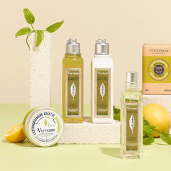 Shower shelf with L'Occitane verbena refill and bottle, uplifting everyday ritual