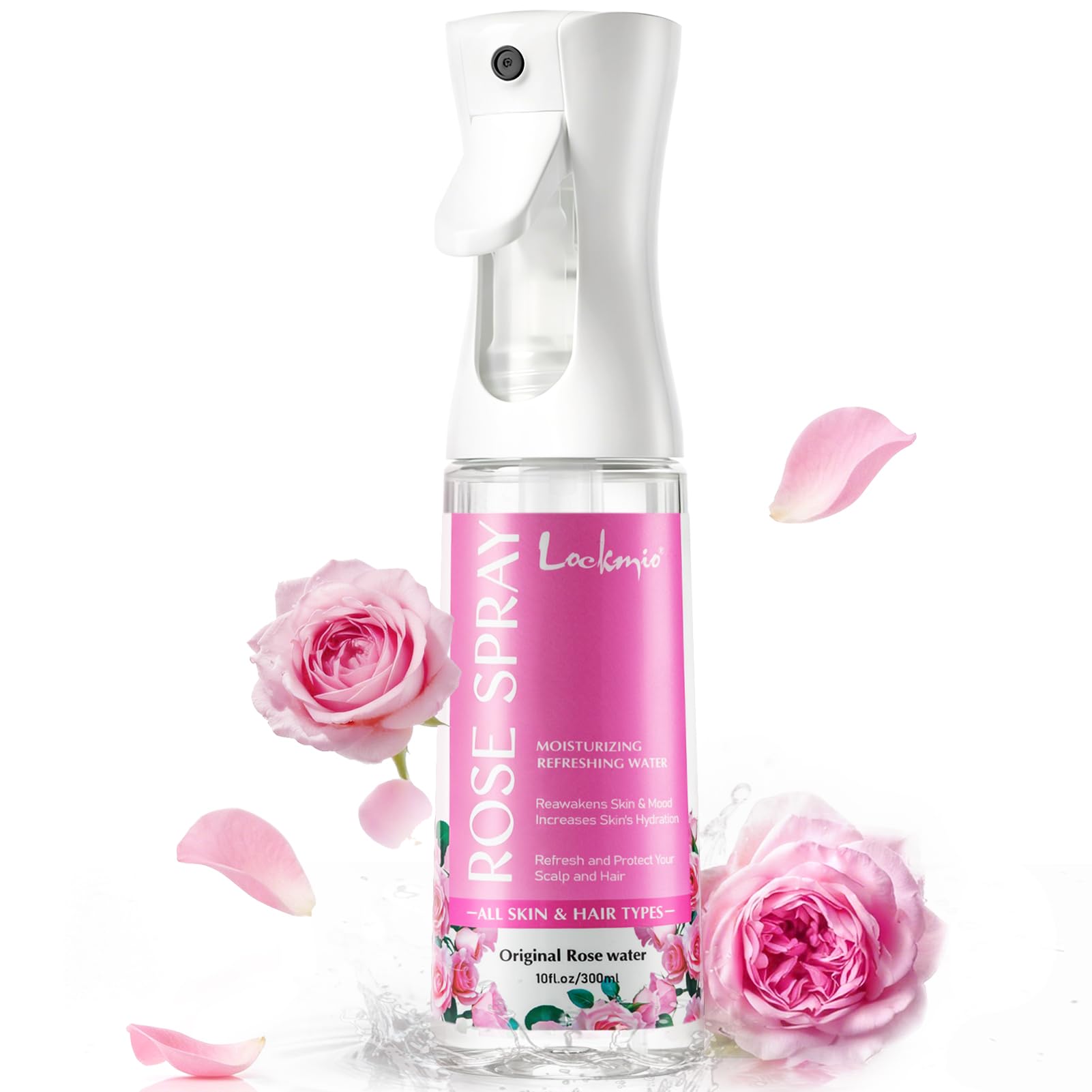 lockmio front bottle shot showing clear rose water and clean packaging benefit: easy identification