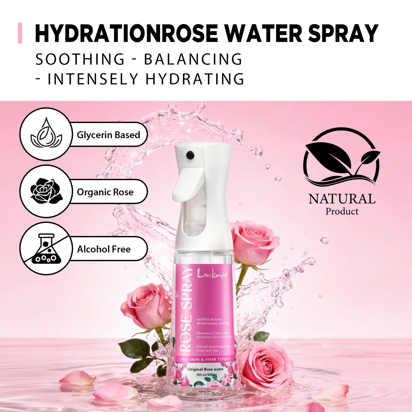 lockmio mist landing on cheek to show soothing hydration benefit: calms and moisturizes skin