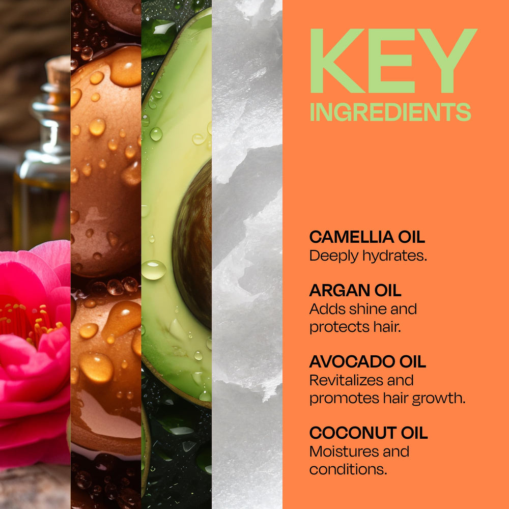 LOCK'N SLEEK surrounded by argan and camellia, showing nourishing oil benefits