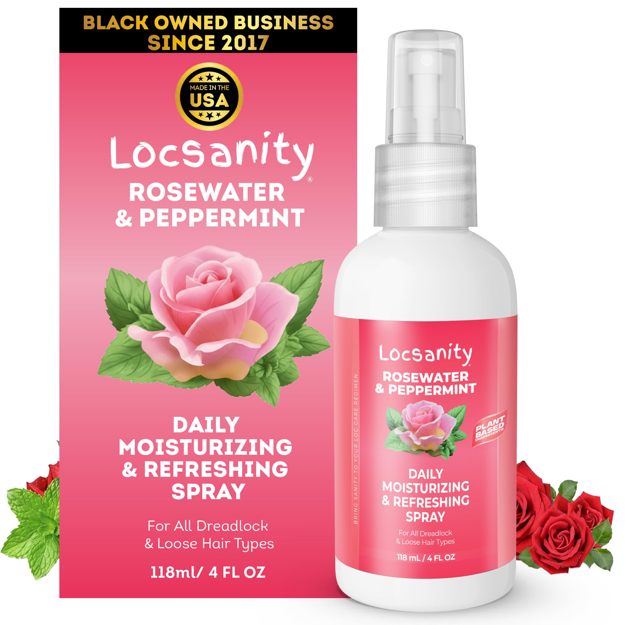 Locsanity front packaging showing bottle and label benefit hydration