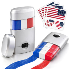 LOGNEW front packaging showing two patriotic face paint sticks and tattoos, easy celebration prep