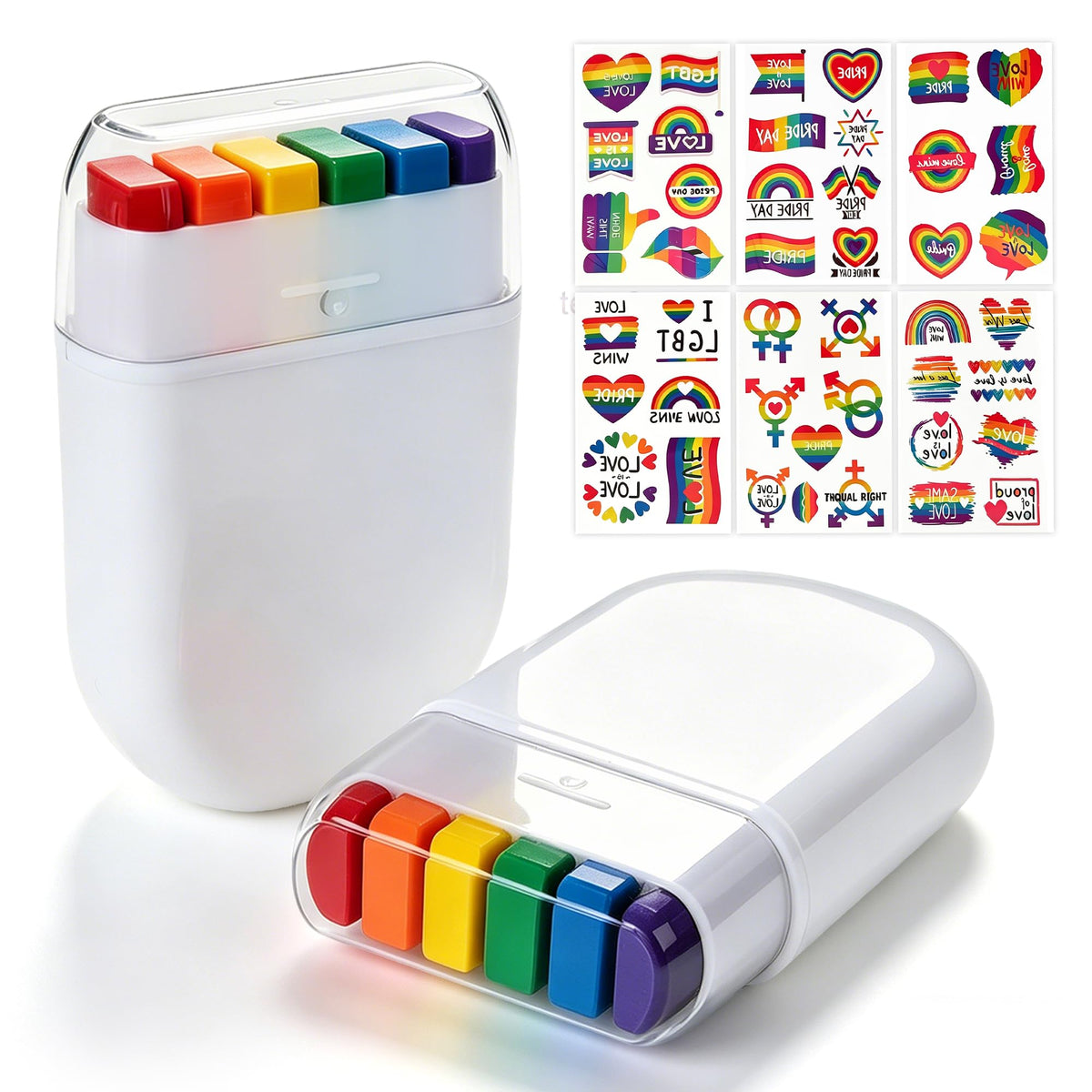 LOGNEW front packaging showing rainbow sticks and tattoos for vibrant celebration