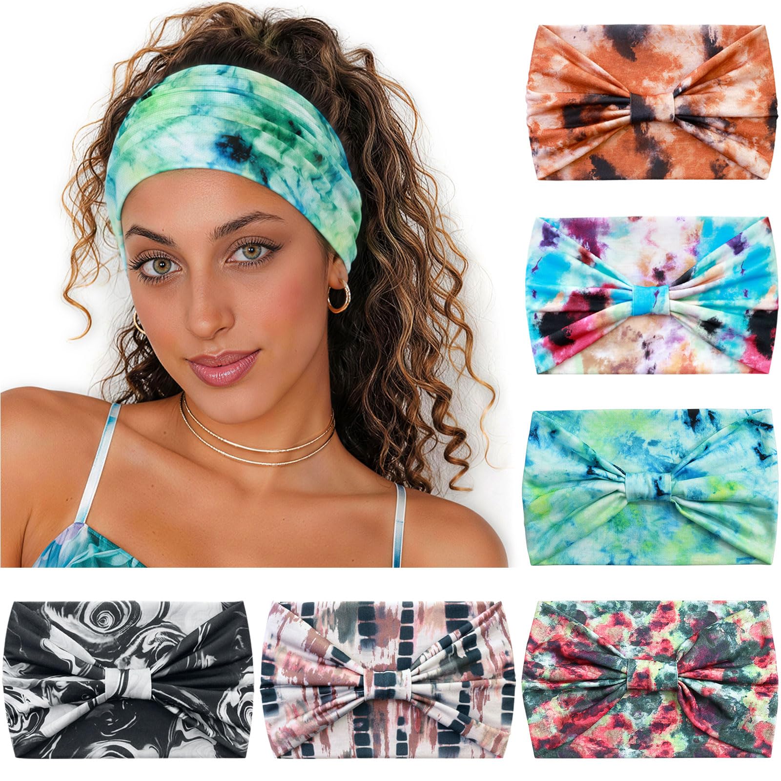 Loiluliy front view of six tie-dye headbands showing colors and pack benefit