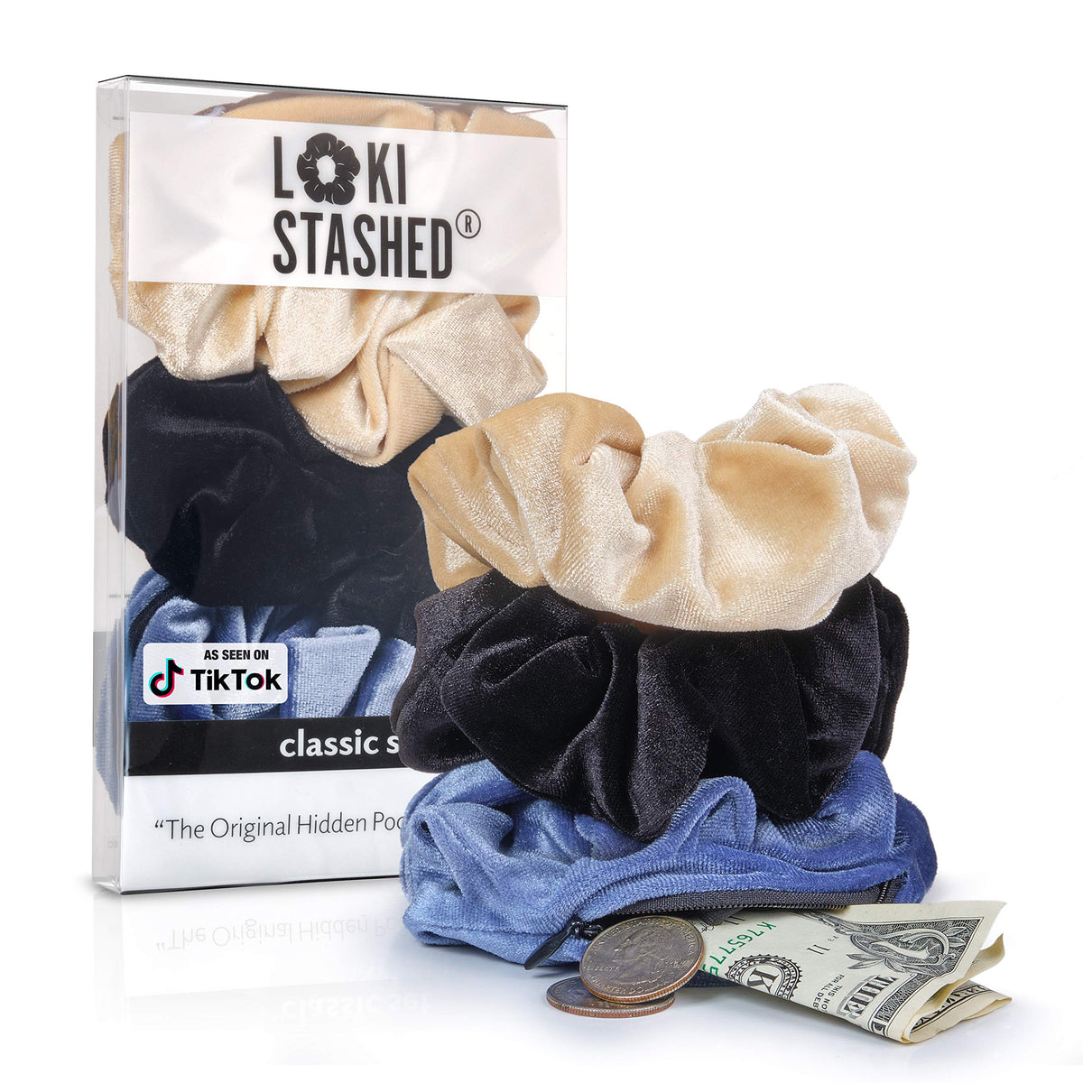 LokiStashed front view of three velvet scrunchies showing colors and style, versatile accessory