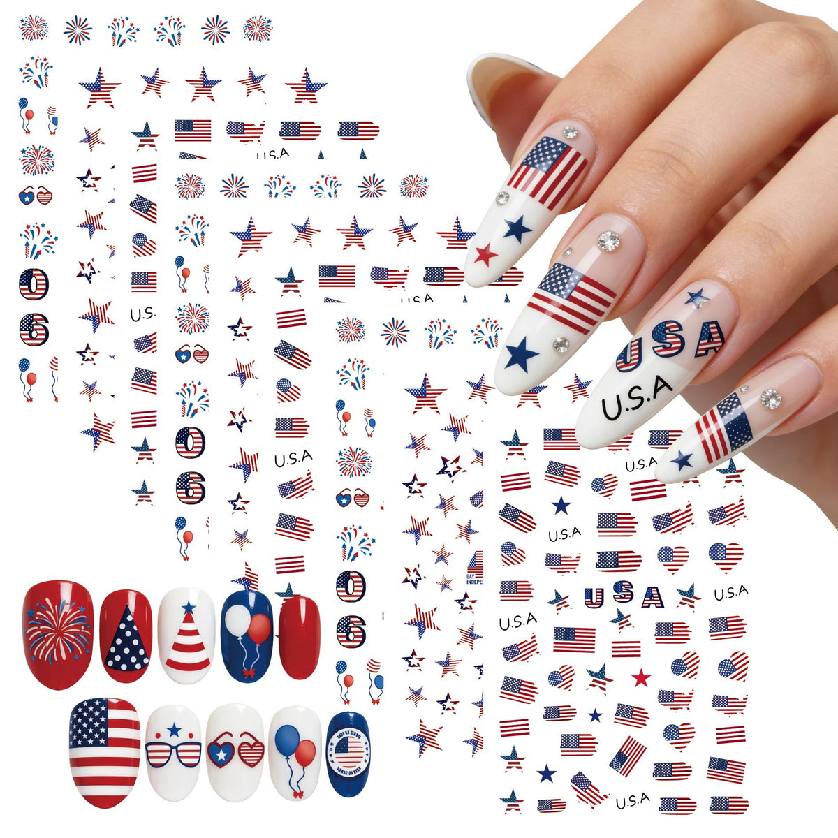Loknrae front sheet display showing nine patriotic nail decal designs for easy selection