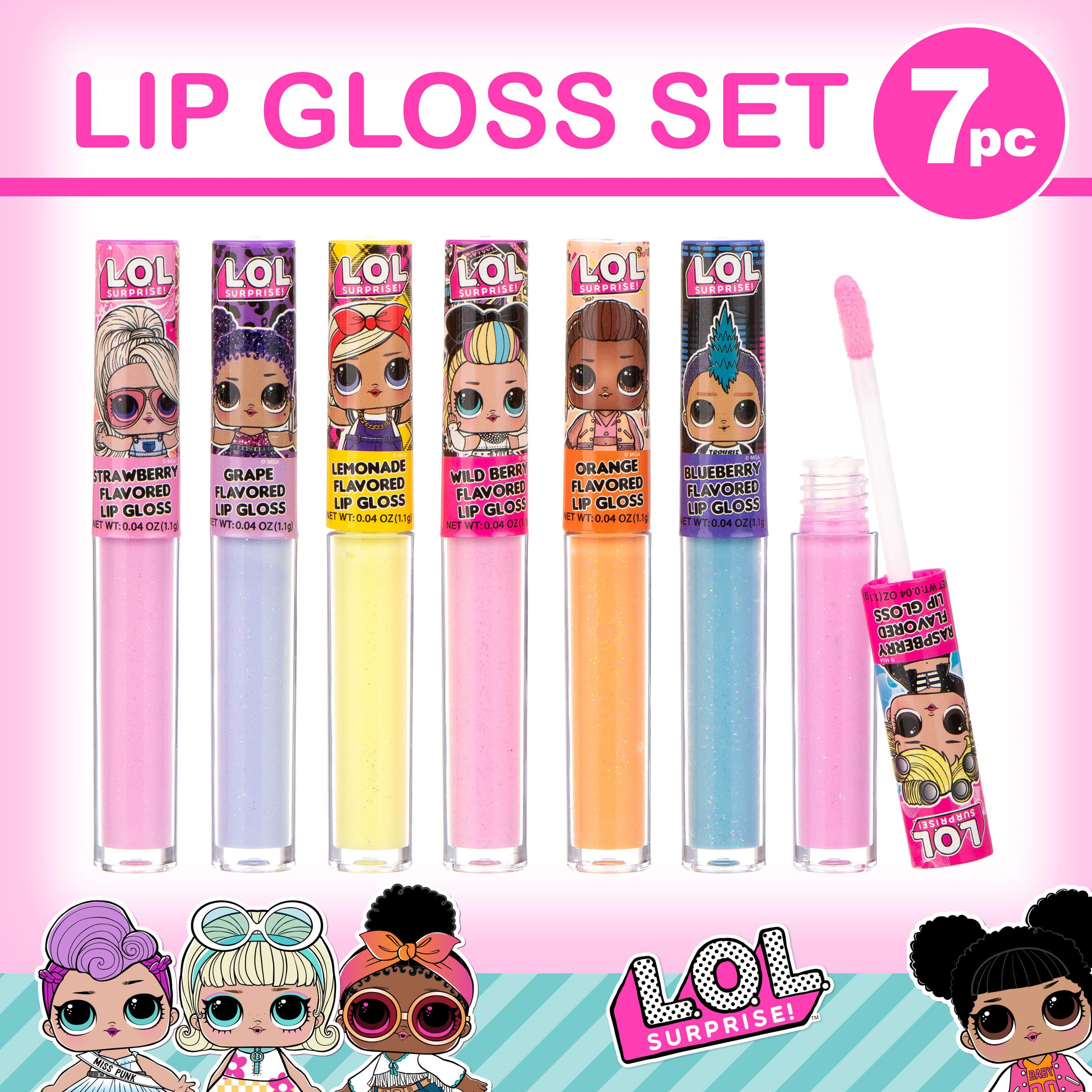 Seven L.O.L. Surprise! gloss wands laid out showing variety, easy sharing for parties