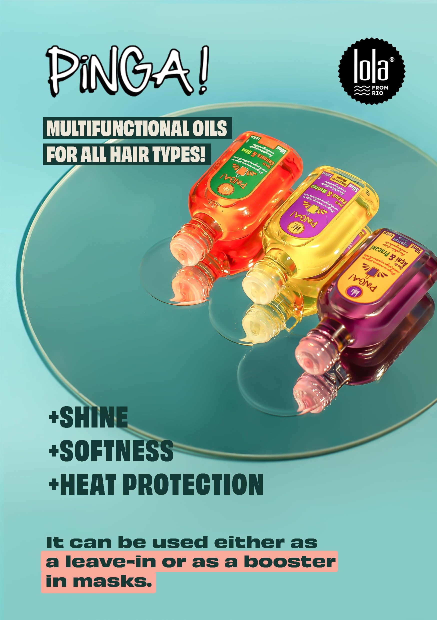 Lola Pinga oil pouring close-up showing silky texture and easy application benefit