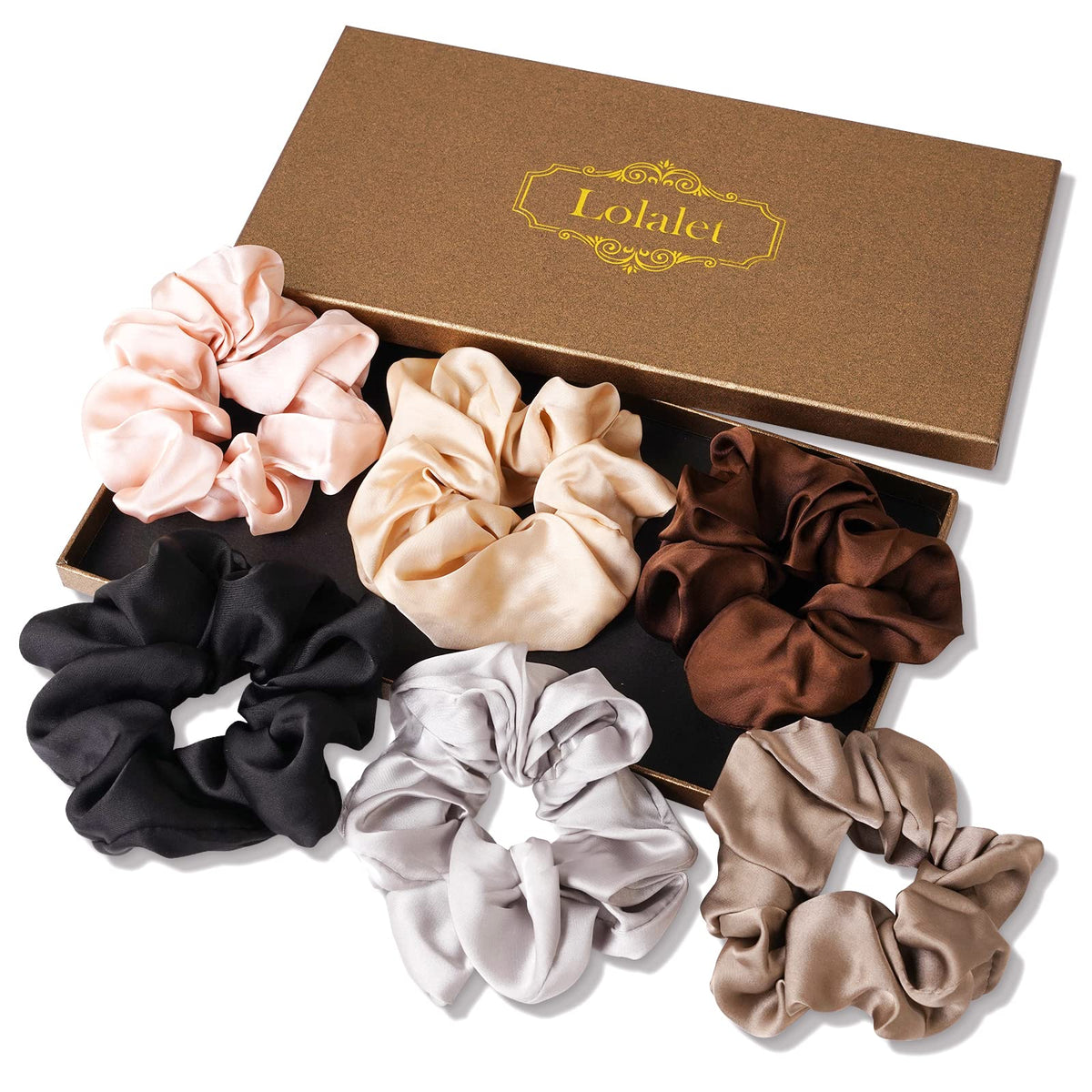 Lolalet front packaging showing six scrunchies and gift box, convenient and presentable