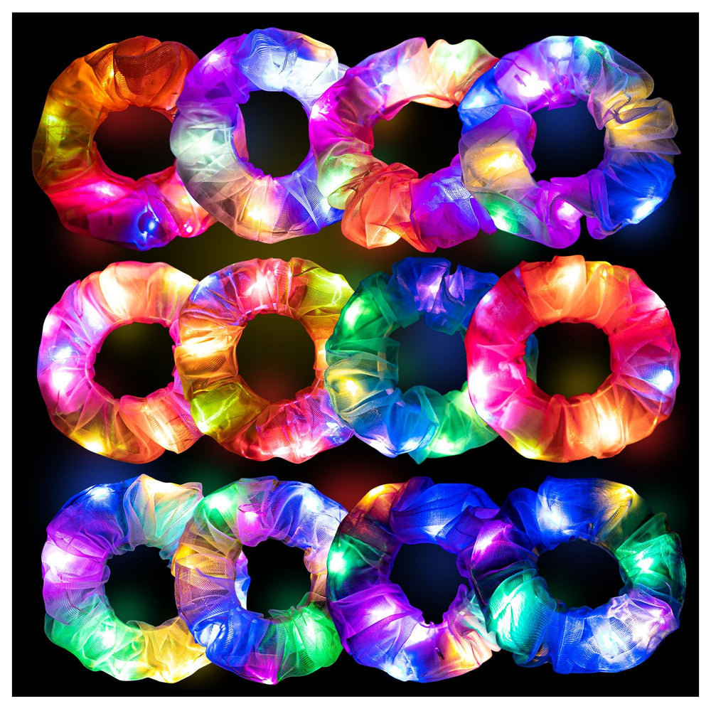 Lolalet front packaging showing 12 colorful LED scrunchies and pouch for ready gifting