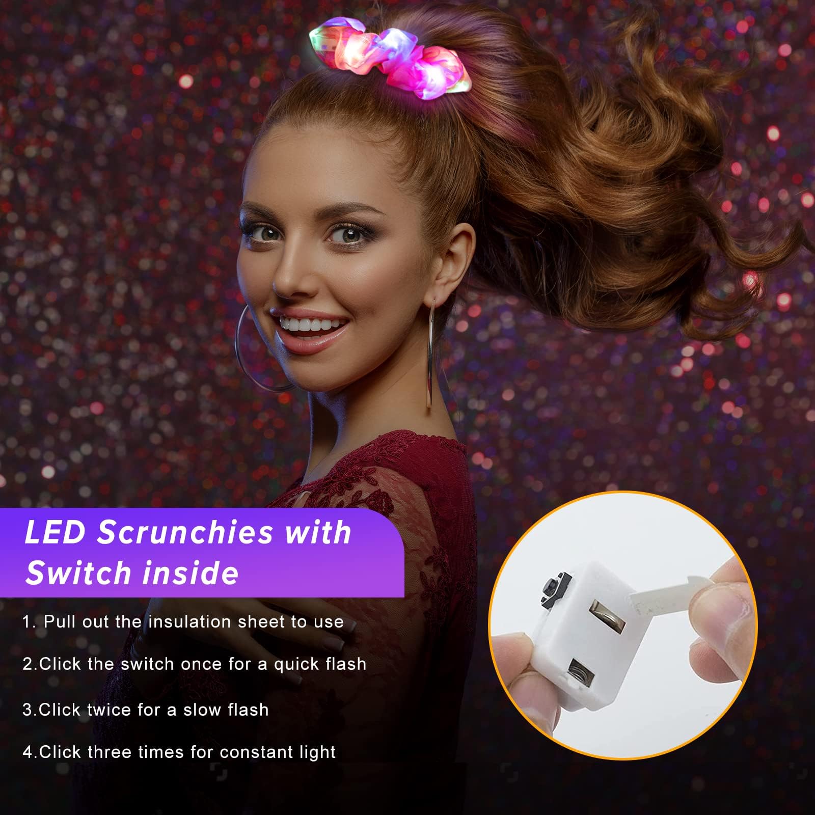 Lolalet LED switch detail showing easy mode change and quick battery access benefit