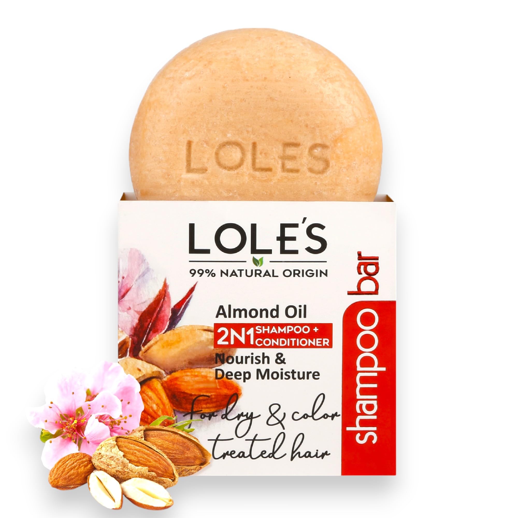 LOLE'S front packaging showing almond oil bar and travel-friendly benefit